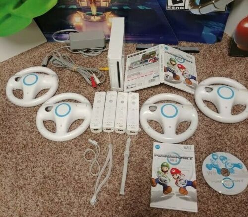 Nintendo Wii Console Gamecube Compatible  Mario Kart Bundle with 4 OEM controllers & 4 wheels